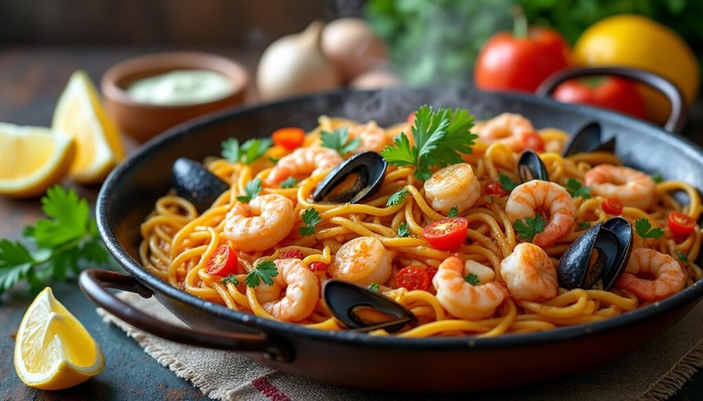 découvrez notre recette facile et rapide de fideuà catalane aux fruits de mer, un plat savoureux et traditionnel de la méditerranée à préparer en quelques minutes.