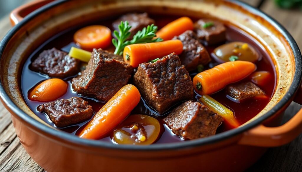 découvrez notre recette traditionnelle de daube de bœuf mijotée au vin rouge avec des légumes savoureux, idéale pour un repas réconfortant et gourmand.