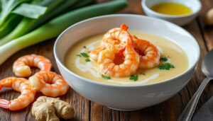 découvrez notre recette facile de velouté de poireaux accompagné de crevettes sautées au gingembre, une délicieuse alliance de saveurs pour un repas sain et savoureux.