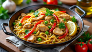 découvrez une recette facile et rapide de fideuà au poulet à préparer chez vous pour un repas savoureux et convivial.