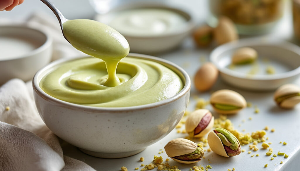 découvrez une recette facile de crémeux pistache maison, onctueuse et gourmande, idéale pour garnir vos desserts ou savourer à la cuillère.
